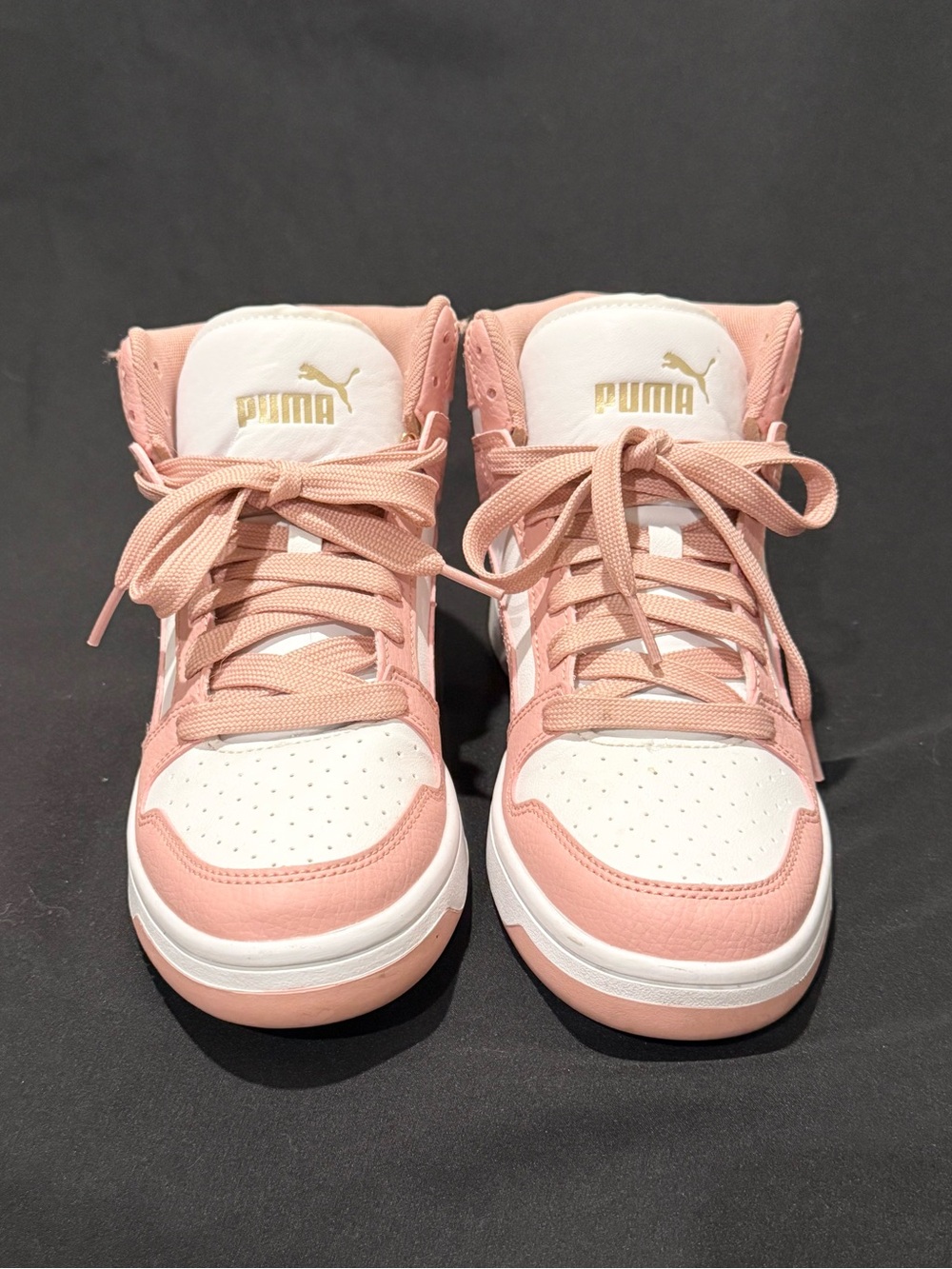 Puma Pink and White High-Top Sneakers with Gold Logo